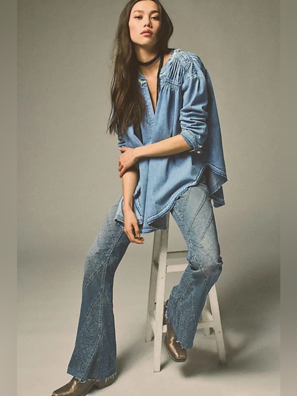 Free People We The Free Mermaid Mid-Rise Flare Jeans Low Tide 26 Boho Patchwork